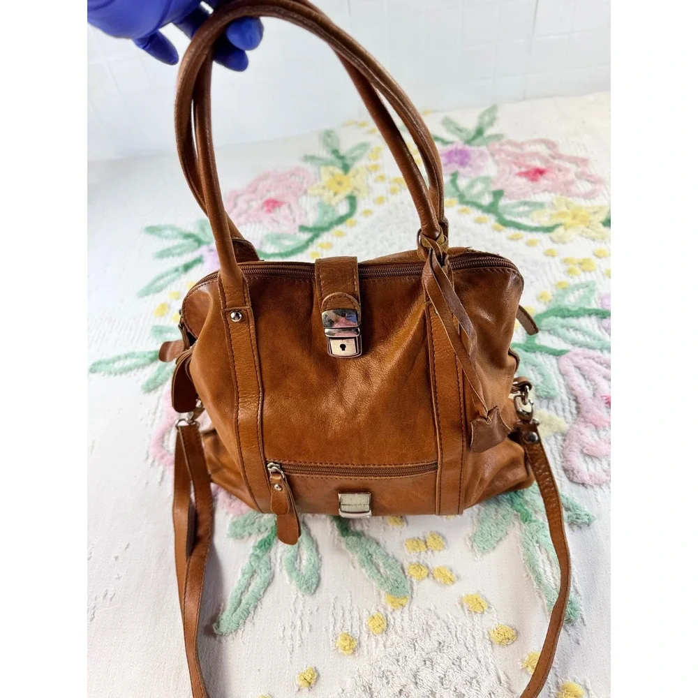 Borse in Pelle Italian Cognac Brown Leather Satchel Crossbody Bag